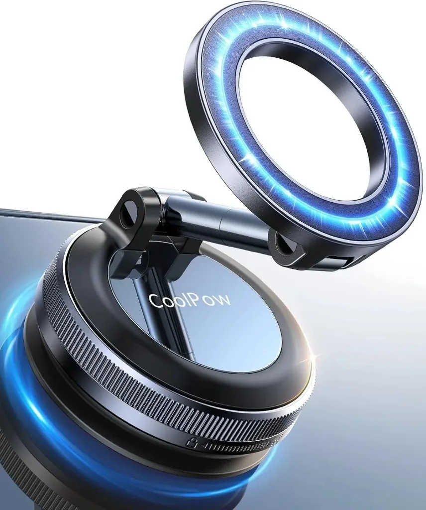 Glass-wall phone holder: a ring mount on a short arm, fixed to a round suction base.